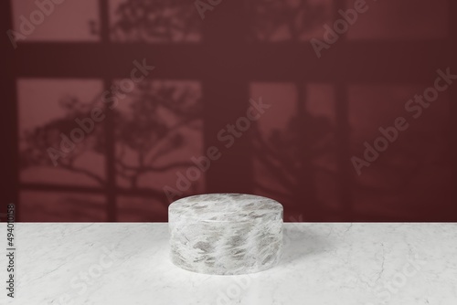 Cosmetic background for product presentation and fashion magazine. white marble podium on dark red wall scene with shadow of trees and windows. Minimal geometric shape. 3d rendering illustration.