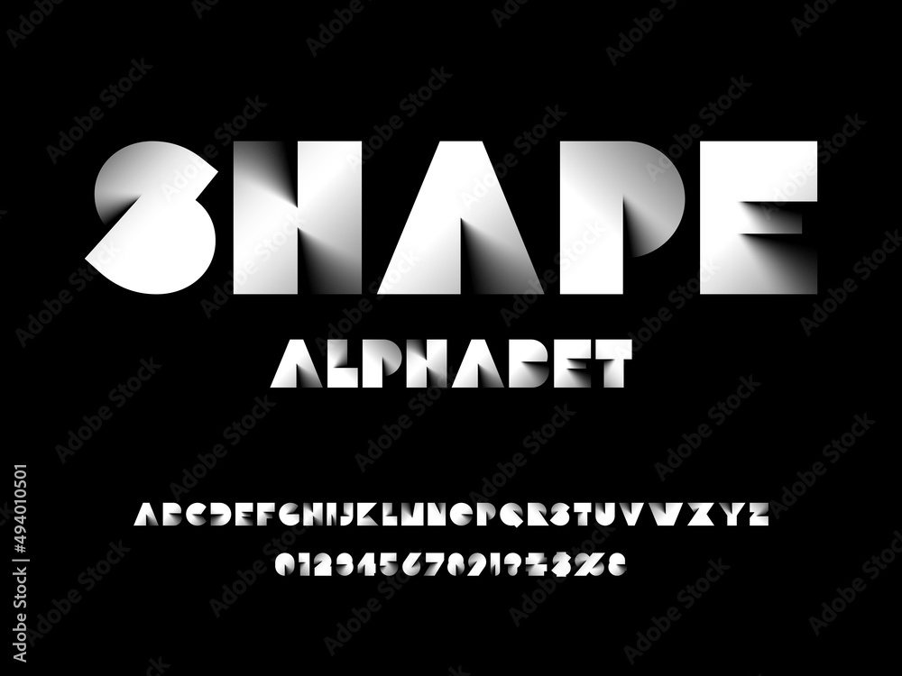 Vector of modern abstract shadow display alphabet design with uppercase, numbers and symbols