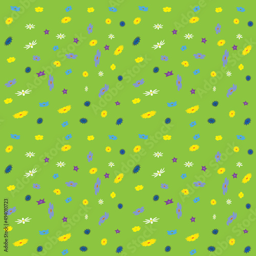 Seamless vector floral ornament with small flowers on a green background.