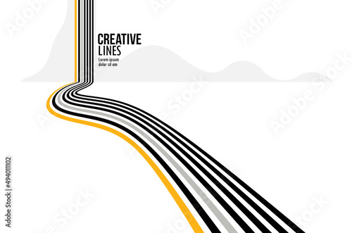 Linear composition vector road to horizon, abstract background with lines in 3D perspective, optical illusion op art, black and yellow colors.