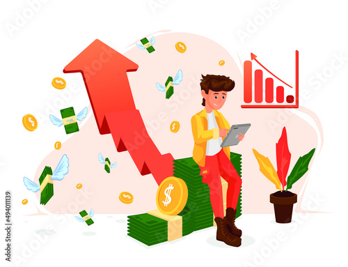 A young entrepreneur character dealing with stock market ups and downs. Profit- loss situations for the company, economic and financial factors during the period. 