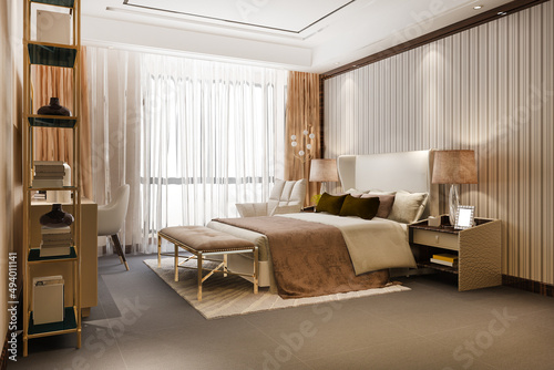 3d rendering beautiful luxury bedroom suite in hotel with tv and shelf