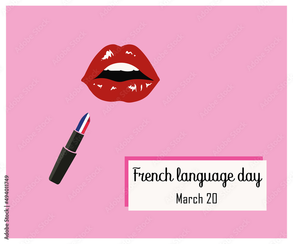 Obraz premium Postcard for the day of the French language on March 20.With female lips and lipstick with the colors of the French flag.