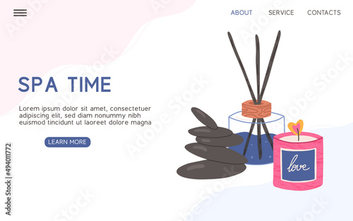 Spa time landing page with candle, aroma diffuser and massage stones, flat vector illustration. Web banner with concepts of relaxation and self care.