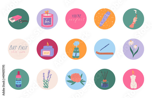 Set of trendy stationery stickers with bright candles, flowers and girly elements - flat vector illustration on white. Collection of self care prints for diaries and calendars.