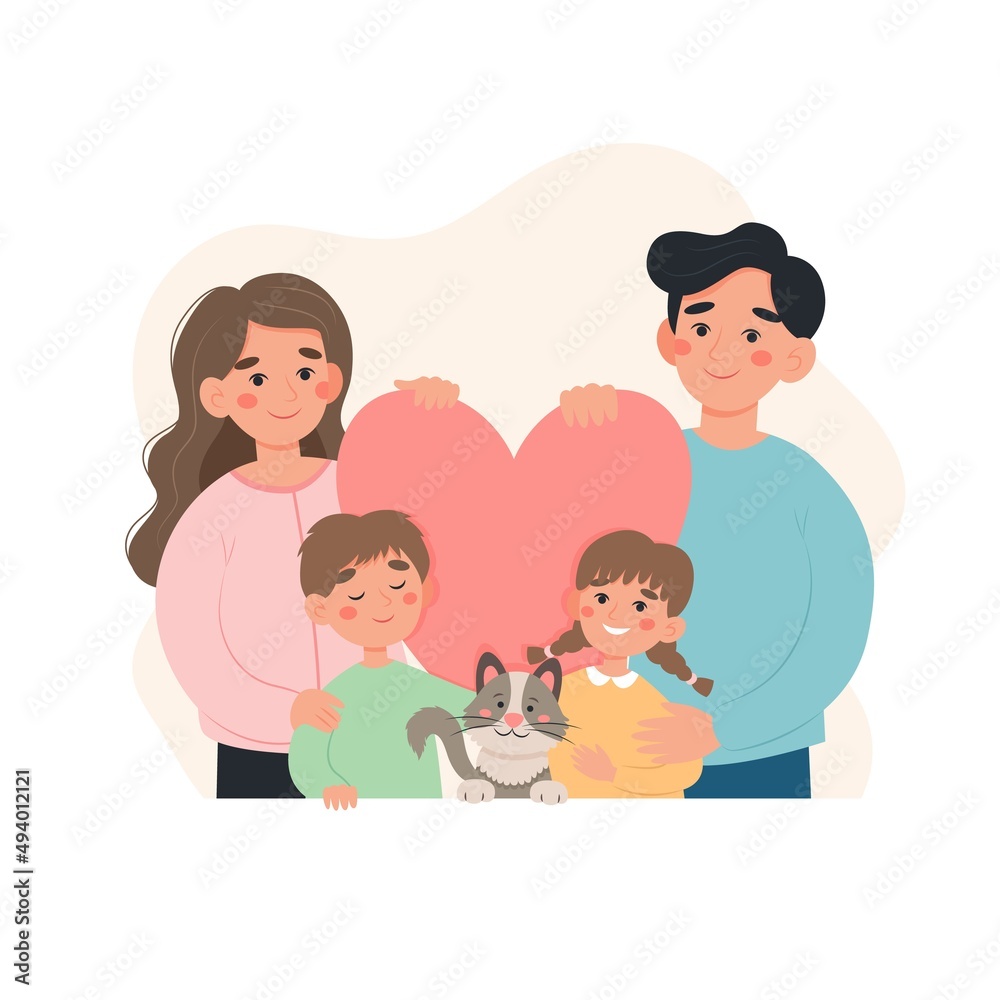 Happy family concept. Parents with kids and cat. Cute vector illustration in flat cartoon style Happy family concept. Parents with kids and cat. Cute vector illustration in flat cartoon style