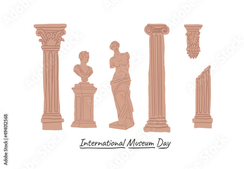 Various Antique statues. Heads of woman, knights. Mythical, ancient greek style. Hand drawn Vector illustration. Classic statues in modern style. All elements are isolated, museum day banner