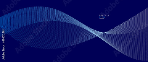 Blue dots in motion dark vector abstract background, particles array wavy flow, curve lines of points in movement, technology and science illustration. © Sylverarts