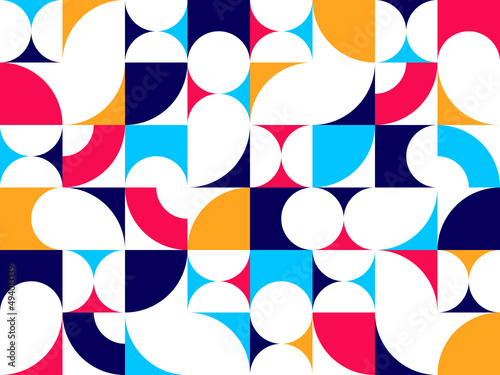 Geometric abstract seamless pattern with colorful simple elements of geometry, wallpaper background in retro 70s style, Bauhaus constructive style tiles.
