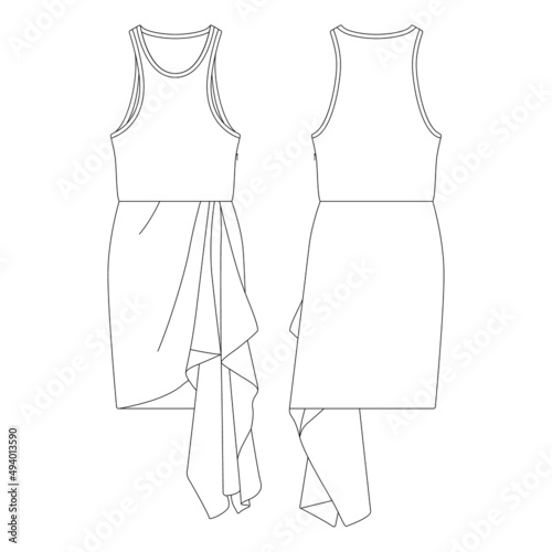 Template sleeveless draped ruffle dress vector illustration flat design outline clothing