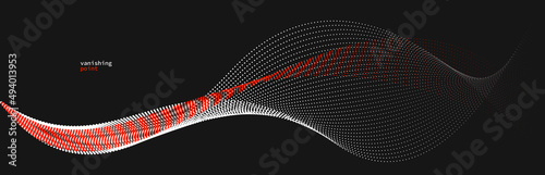 Wave of flowing vanishing particles vector abstract background, red and black curvy lines dots in motion relaxing illustration, smoke like image.