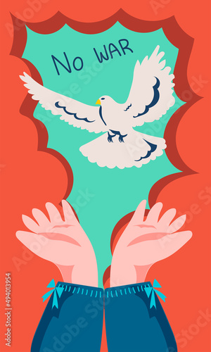 Hand drawn two hands releasing white pegion or dove as sign of peace. Flat vector illustration background