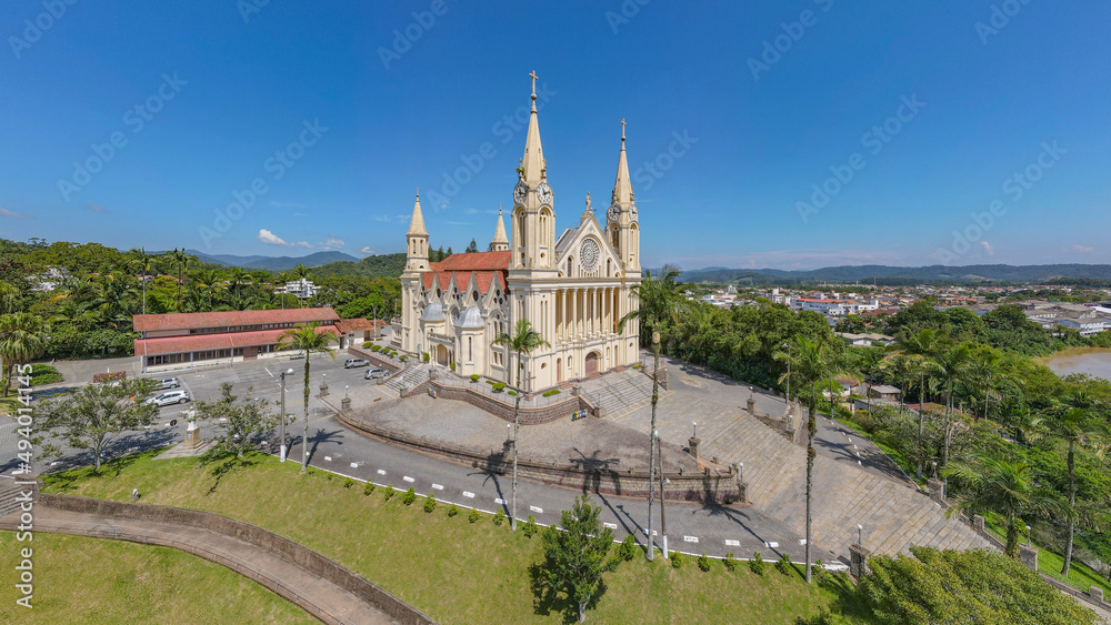 Aerial image of the Igreja Matriz São Pedro Apostolo in the city of Gaspar in Santa Catarina