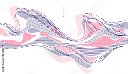 Abstract oriental Japanese art vector background, traditional style design, wavy shapes and mountains terrain landscape, runny like sea lines.