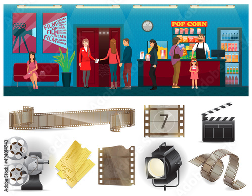 Different people buy tickets and food in lobby of cinema vector illustration with group of spectators before session. Set icons cinematography cinema and movie. Film production, art and entertainment