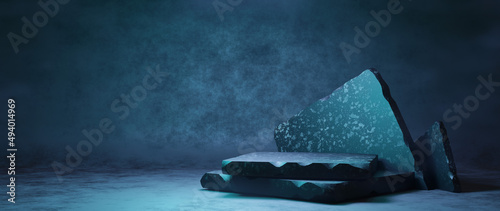Tableau sur toile Illustration of blue terrazzo marble podium on black background banner 3D render