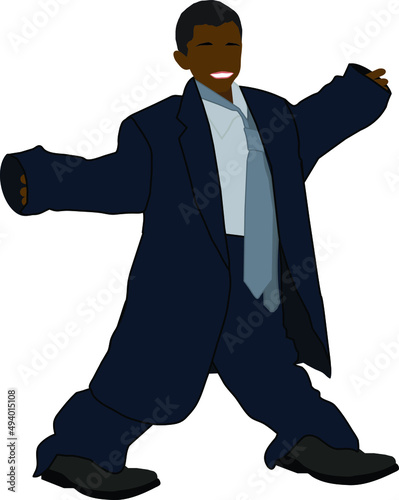 Happy boy in big baggy business suit vector illustration over white background.