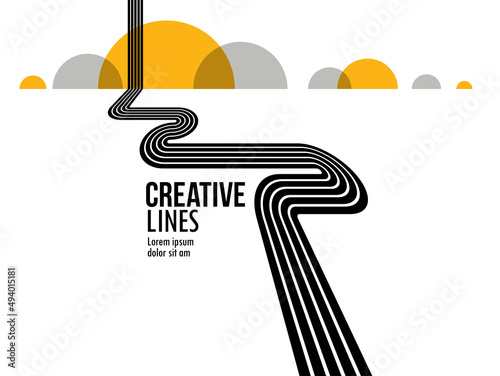 Fototapeta Naklejka Na Ścianę i Meble -  3D black and white lines in perspective with yellow elements abstract vector background, linear perspective illustration op art, road to horizon.