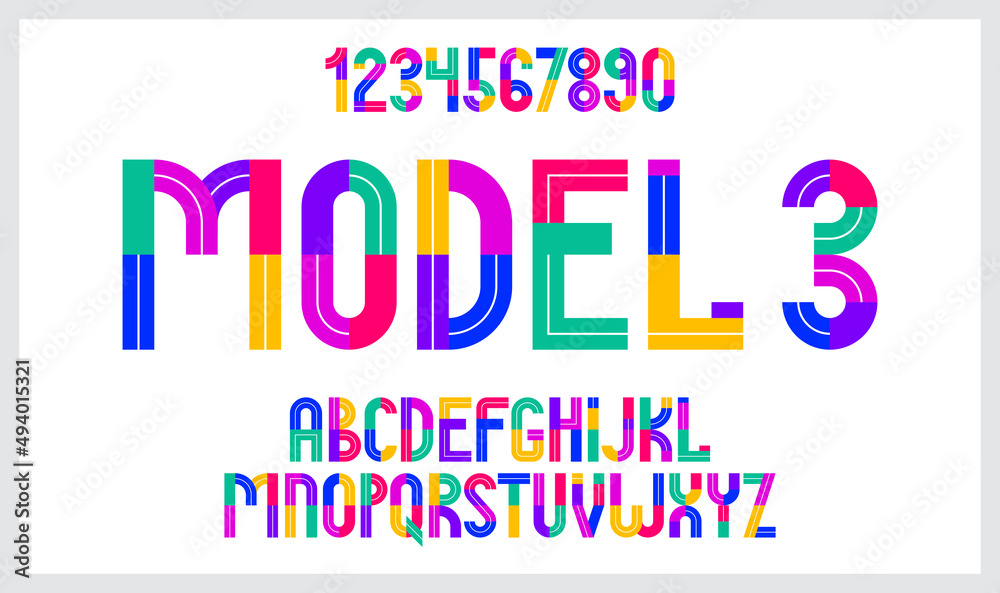 Children colorful geometric font vector alphabet, kid play game typeset, original letters can be used for logo creation, uppercase and numbers.