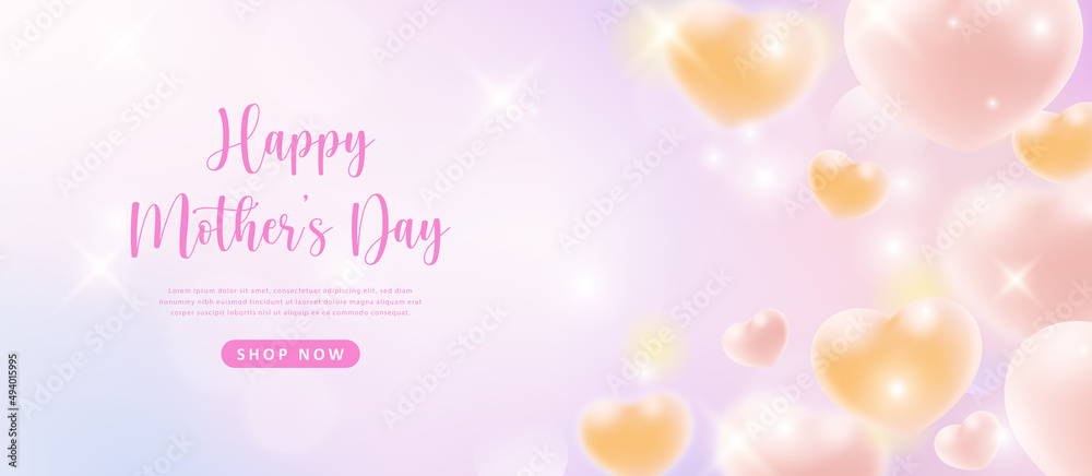 Happy mother's day girlish pink yellow love heart with colorful bokeh shine background Happy mother's day girlish pink yellow love heart with colorful bokeh shine background