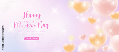 Happy mother's day girlish pink yellow love heart with colorful bokeh shine background