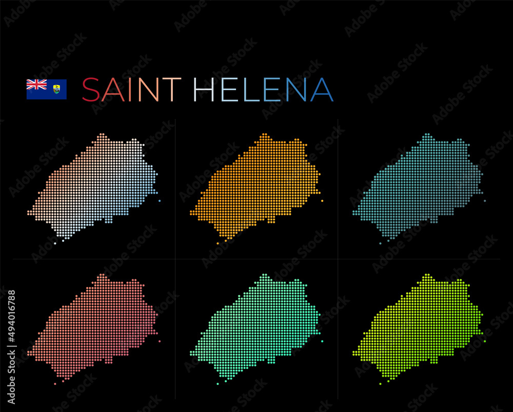 Fototapeta premium Saint Helena dotted map set. Map of Saint Helena in a dotted style. Borders of the island filled with beautiful smooth gradient circles. Beautiful vector illustration.