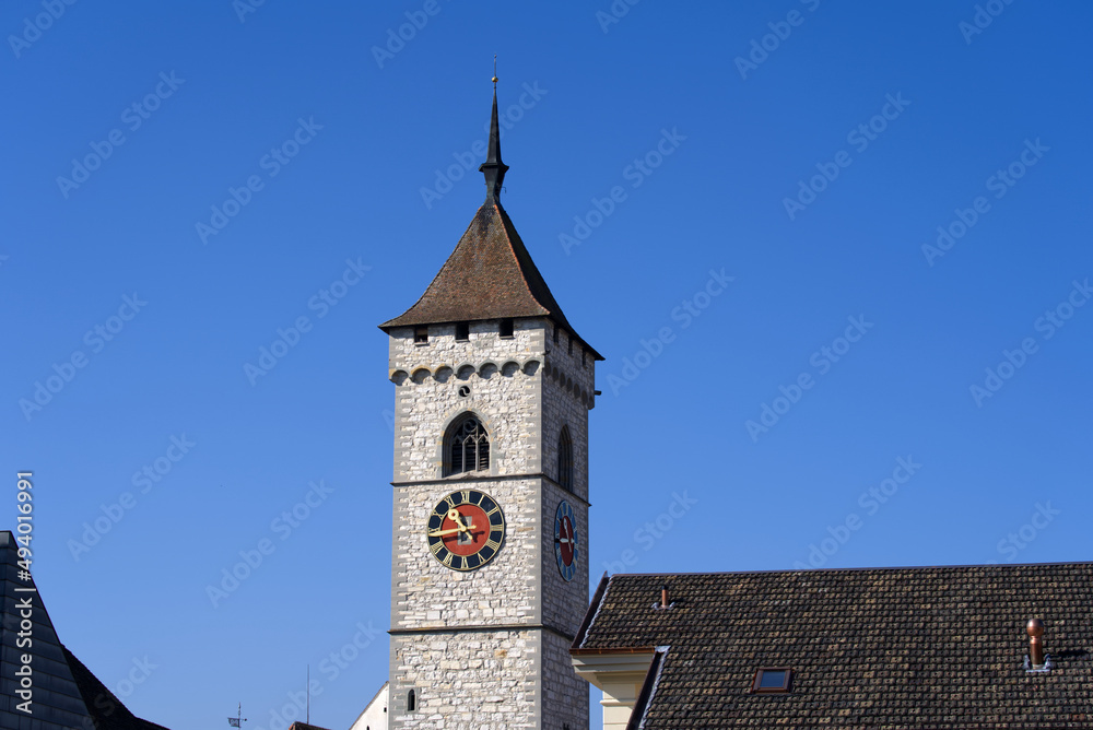 Fototapeta premium Aerial view over City of Schaffhausen with protestant church St. Johann on a sunny spring day. Photo taken March 5th, 2022, Schaffhausen, Switzerland.