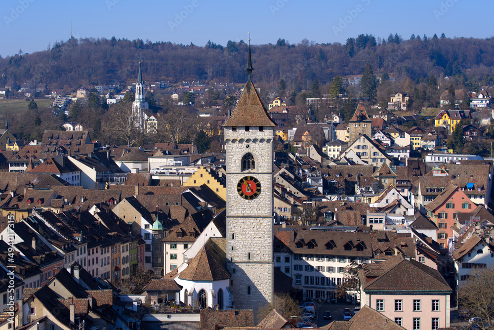 Aerial view over City of Schaffhausen with protestant church St. Johann on a sunny spring day. Photo taken March 5th, 2022, Schaffhausen, Switzerland.
