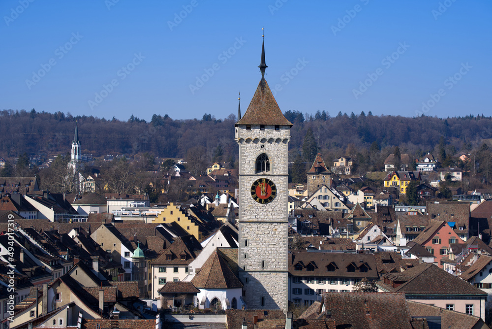 Aerial view over City of Schaffhausen with protestant church St. Johann on a sunny spring day. Photo taken March 5th, 2022, Schaffhausen, Switzerland.