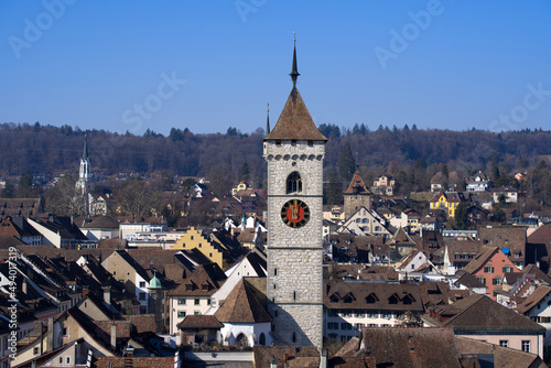 Aerial view over City of Schaffhausen with protestant church St. Johann on a sunny spring day. Photo taken March 5th  2022  Schaffhausen  Switzerland.