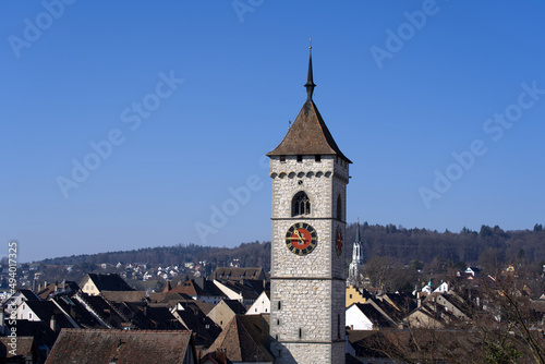 Aerial view over City of Schaffhausen with protestant church St. Johann on a sunny spring day. Photo taken March 5th, 2022, Schaffhausen, Switzerland.