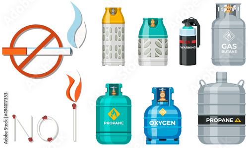 Gas cylinder, canister with fuel storage. Balloon with flammable sign near no smoking warning. Metal tank with liquefied compressed butane. Pressurized gas cylinder with flammable substance