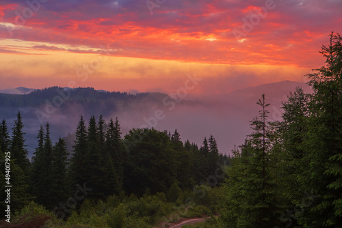 Sunrise in the Eastern Carpathians. Ukraine.