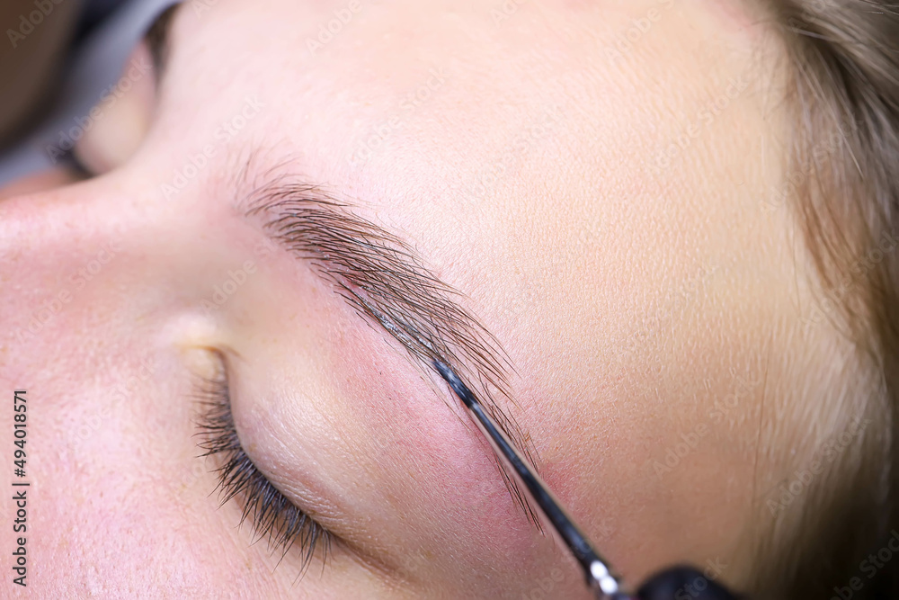 applying paint to the hair of the eyebrows after laminating the eyebrows with a thin brush