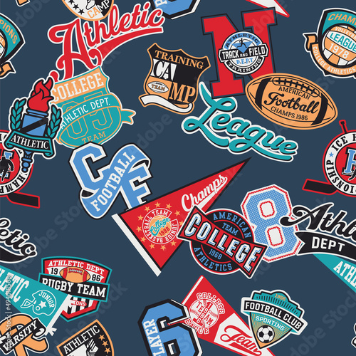 College athletic sporting badges collage patchwork vector seamless pattern