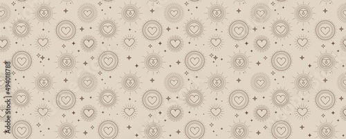 Valentine's day bohemian pattern with geometric hearts and stars. Minimalist background for Mother's day, Valentine's day, wedding, Birthday, wallpaper etc. Flat style vector illustration