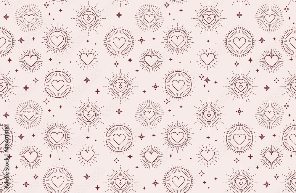 Valentine's day bohemian pattern with geometric hearts and stars. Minimalist background for Mother's day, Valentine's day, wedding, Birthday, wallpaper etc. Flat style vector illustration Valentine's day bohemian pattern with geometric hearts and stars. Minimalist background for Mother's day, Valentine's day, wedding, Birthday, wallpaper etc. Flat style vector illustration