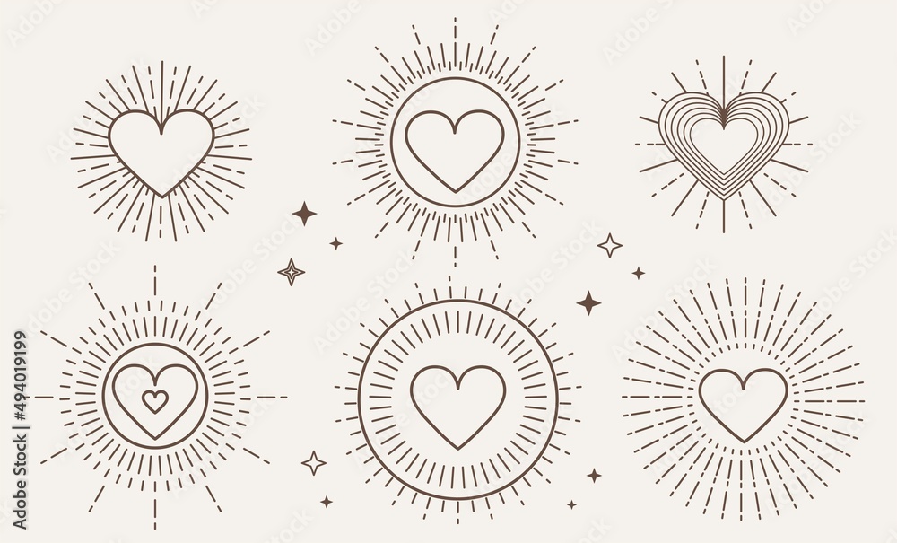 Bohemian style geometric hearts and stars set. Minimalist celestial background for Mother's day, Valentine's day, wedding, Birthday, wallpaper etc. Flat style vector illustration