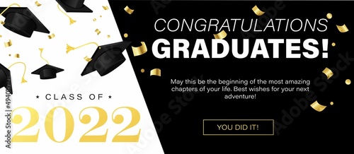Congratulations graduates banner concept. Class of 2022. Graduation design template for websites, social media, blogs, greeting cards or party invitations.