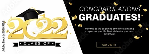 Congratulations graduates banner concept. Class of 2022. Graduation design template for websites, social media, blogs, greeting cards or party invitations.