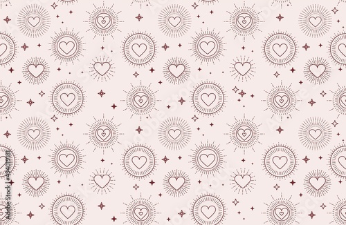 Valentine's day bohemian pattern with geometric hearts and stars. Minimalist background for Mother's day, Valentine's day, wedding, Birthday, wallpaper etc. Flat style vector illustration