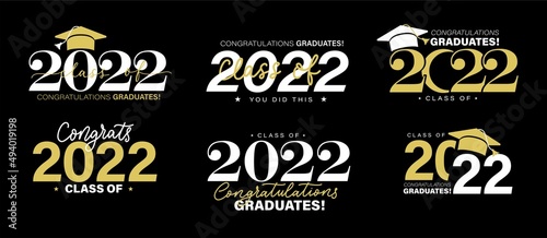 Class of 2022 vector badges set. Congrats graduates concept. Black, gold and white graduation logo collection. Stock vector for shirts, prints, cards, invitations, seal or stamp.