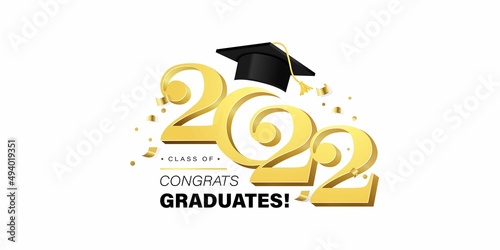 Congrats Graduates vector concept.Class of 2022 design for graduation ceremony invitation, party, high school or college yearbook. Gold typography letters, flying confetti and academic cap on white
