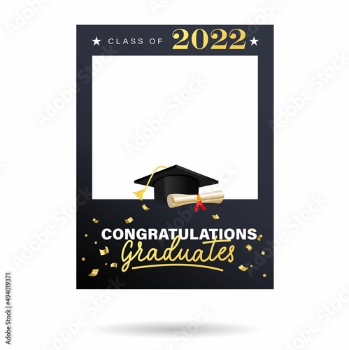 Graduation photo frame with university or high school cap and diploma scroll. Class of 2022 elegant design for grad party, selfie, photo zone, album etc. Photo booth prop Vector illustration.