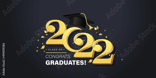 Congrats Graduates vector concept.Class of 2022 design for graduation ceremony invitation, party, high school or college yearbook. Gold typography letters, flying confetti and academic cap on white