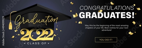 Congratulations graduates banner concept. Class of 2022. Graduation design template for websites, social media, blogs, greeting cards or party invitations.