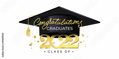 Congratulations graduates banner with cap and golden design elements. Class of 2022. Graduation black and gold logo. Grad concept for high school or college party, photo album etc.Vector illustration.