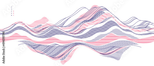 Oriental Japanese style vector abstract illustration, background in Asian traditional style, wavy shapes and mountains terrain, runny like sea lines.