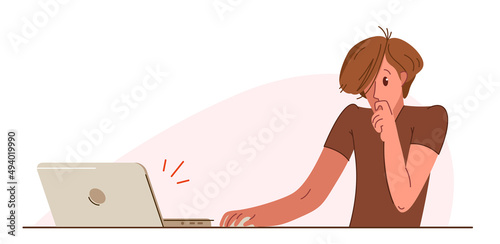 Young man alarmed in problem working on a project in stress vector flat illustration isolated, urgent panic deadline job in office or home, solving problem.