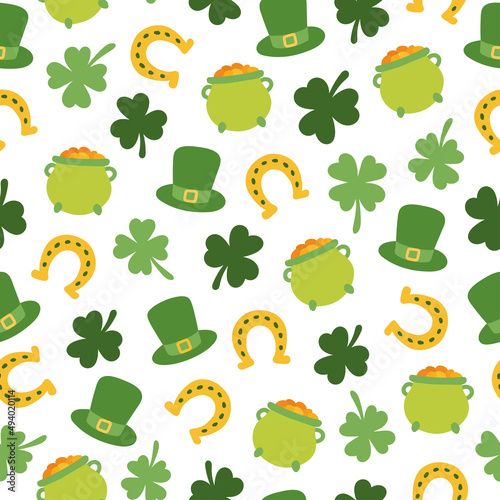 Seamless pattern with hand drawn St. Patrick's Day elements. Pattern with Irish hats, shamrocks, clovers, horseshoes and gold pots